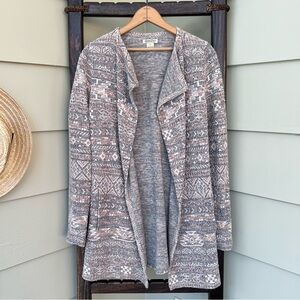 Lucky Brand Open Front Long Cardigan Rayon Linen Blend Pockets Aztec Size Small